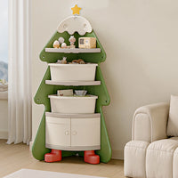Christmas Tree Corner Bookshelf for Kids – Multi-Layer Storage Cabinet with Bins and Dustproof Door