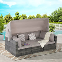 5-Piece Gray Wicker Outdoor Day Bed with Cushions, Retractable Canopy, Storable Side Table,outdoors dining