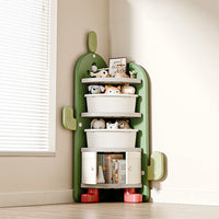 Kids Cactus Corner Bookshelf – Multi-Layer Storage with 3 Bins & Dustproof Bottom Cabinet
