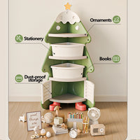 Christmas Tree Corner Bookshelf for Kids – Multi-Layer Storage Cabinet with Bins and Dustproof Door