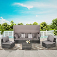 5-Piece Gray Wicker Outdoor Day Bed with Cushions, Retractable Canopy, Storable Side Table,outdoors dining
