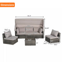 5-Piece Gray Wicker Outdoor Day Bed with Cushions, Retractable Canopy, Storable Side Table,outdoors dining