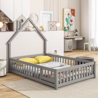 Full House-Shaped Headboard Floor Bed with Fence ,Grey, Mattress not Included