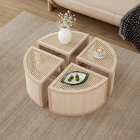 Round to Square Block Modular Coffee Table, Rattan Coffee Table with Storage 4 Pieces, Light Natural