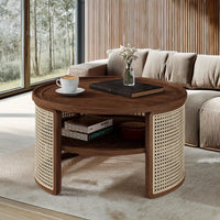 Round Rattan Coffee Table with Storage, Modern 2-Tier Wood Coffee Table with Storage Rattan Base, 31.3" Center Table for Apartment, Living Room, Home Office
