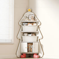 Christmas Tree Corner Bookshelf for Kids – Multi-Layer Storage Cabinet with Bins and Dustproof Door