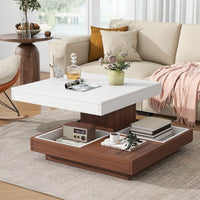 Modern 2-Tier Square Coffee Table with 360° Rotating Top, Wood Accent Cocktail Table with Detachable Tray
