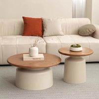 50+70cm Cream & Wood Round Coffee Table – Modern Pedestal Cocktail Table with Carbon Steel Base, Nordic Minimalist Center Table for Living Room