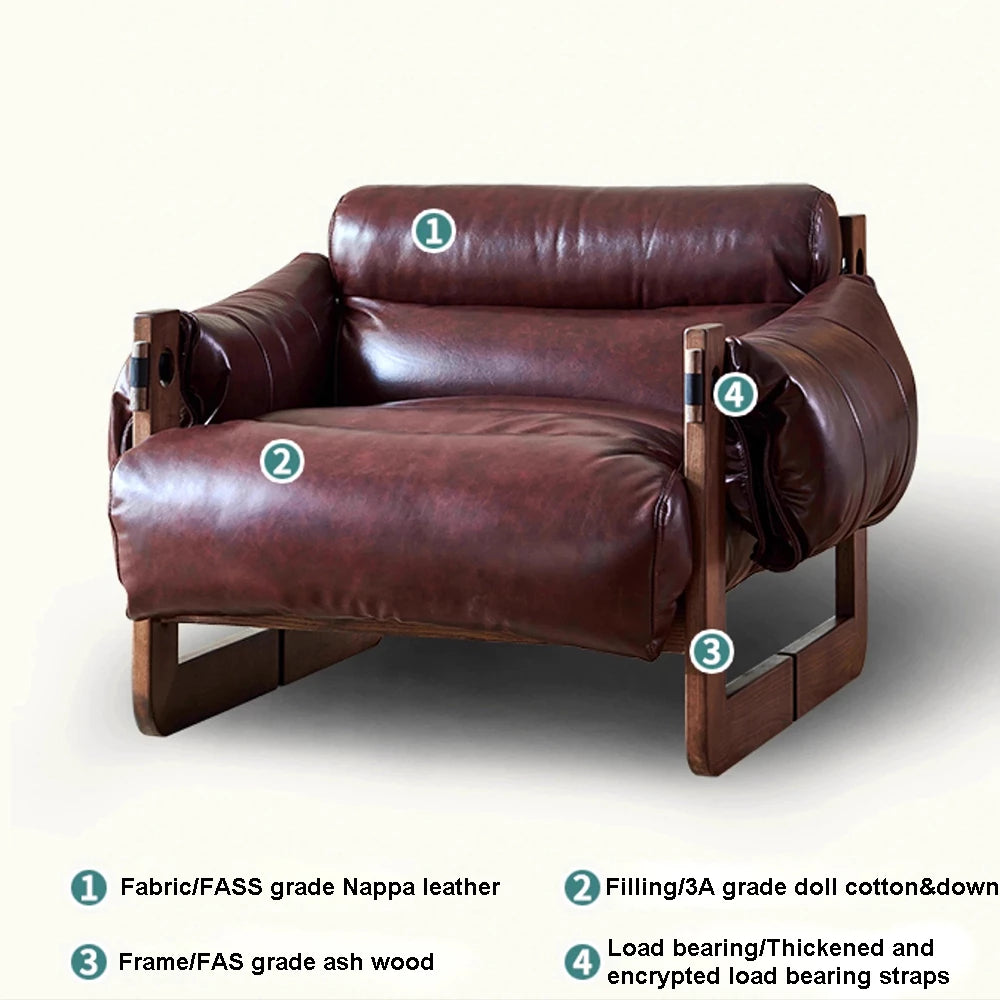 Single Leather Sofa Leisure Chair Solid Wood Design Home Balcony Recliner
