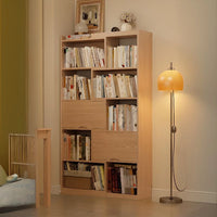 2 Doors Rubberwood Solids Multi-Functional Bookshelf, Retractable Design Solid Wood Bookcase, with 4-Tier, Wood Color, 43"L x 11"W x 56"H