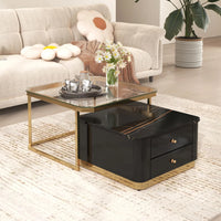 Modern 2 Pieces Square Nesting Coffee Table with Drawers & Electroplated Gold Gegs in 27.6'', 2-in-1 Stackable Side Table with Tempered Glass Top and High Gloss Wood Top