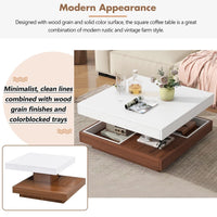Modern 2-Tier Square Coffee Table with 360° Rotating Top, Wood Accent Cocktail Table with Detachable Tray