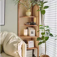 Retro Solid Wood & Rattan Multi-Tier Corner Bookshelf
