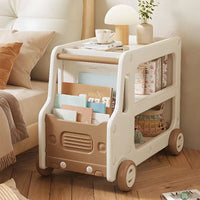 Children Nightstand with Cars, Fire Trucks Theme, Shelves Storage, and Open Back, White-Green