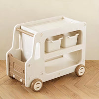 Children Nightstand with Cars, Fire Trucks Theme, Shelves Storage, and Open Back, White-Green