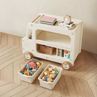 Children Nightstand with Cars, Fire Trucks Theme, Shelves Storage, and Open Back, White-Green