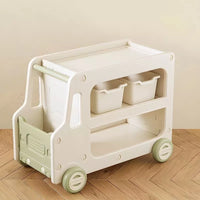 Children Nightstand with Cars, Fire Trucks Theme, Shelves Storage, and Open Back, White-Green