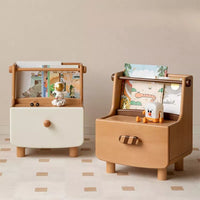 Art Deco Kids Nightstand with 1 Shelf, Timber Countertop, and Compartment Drawer, Wood Color