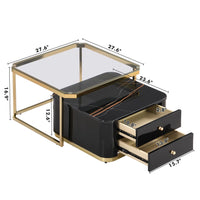 Modern 2 Pieces Square Nesting Coffee Table with Drawers & Electroplated Gold Gegs in 27.6'', 2-in-1 Stackable Side Table with Tempered Glass Top and High Gloss Wood Top