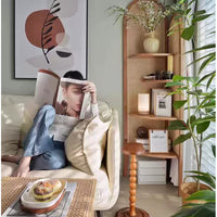 Retro Solid Wood & Rattan Multi-Tier Corner Bookshelf