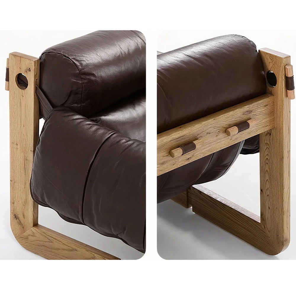 Single Leather Sofa Leisure Chair Solid Wood Design Home Balcony Recliner