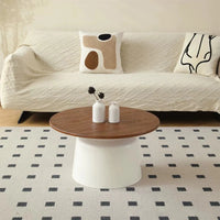 50+70cm Cream & Wood Round Coffee Table – Modern Pedestal Cocktail Table with Carbon Steel Base, Nordic Minimalist Center Table for Living Room