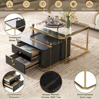 Modern 2 Pieces Square Nesting Coffee Table with Drawers & Electroplated Gold Gegs in 27.6'', 2-in-1 Stackable Side Table with Tempered Glass Top and High Gloss Wood Top