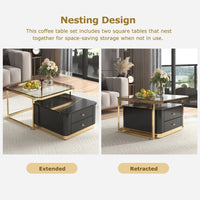 Modern 2 Pieces Square Nesting Coffee Table with Drawers & Electroplated Gold Gegs in 27.6'', 2-in-1 Stackable Side Table with Tempered Glass Top and High Gloss Wood Top