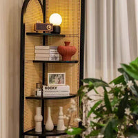 Retro Solid Wood & Rattan Multi-Tier Corner Bookshelf