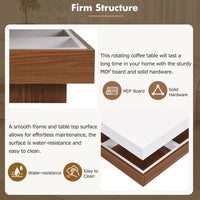 Modern 2-Tier Square Coffee Table with 360° Rotating Top, Wood Accent Cocktail Table with Detachable Tray