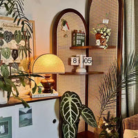 Retro Solid Wood & Rattan Multi-Tier Corner Bookshelf