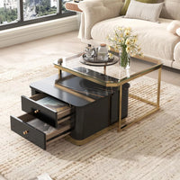 Modern 2 Pieces Square Nesting Coffee Table with Drawers & Electroplated Gold Gegs in 27.6'', 2-in-1 Stackable Side Table with Tempered Glass Top and High Gloss Wood Top