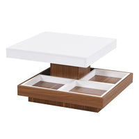 Modern 2-Tier Square Coffee Table with 360° Rotating Top, Wood Accent Cocktail Table with Detachable Tray