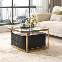 Modern 2 Pieces Square Nesting Coffee Table with Drawers & Electroplated Gold Gegs in 27.6'', 2-in-1 Stackable Side Table with Tempered Glass Top and High Gloss Wood Top