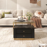 Modern 2 Pieces Square Nesting Coffee Table with Drawers & Electroplated Gold Gegs in 27.6'', 2-in-1 Stackable Side Table with Tempered Glass Top and High Gloss Wood Top