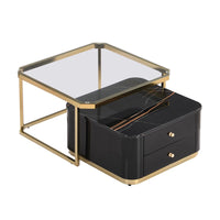 Modern 2 Pieces Square Nesting Coffee Table with Drawers & Electroplated Gold Gegs in 27.6'', 2-in-1 Stackable Side Table with Tempered Glass Top and High Gloss Wood Top