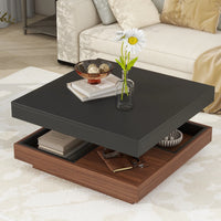 Modern 2-Tier Square Coffee Table with 360° Rotating Top, Wood Accent Cocktail Table with Detachable Tray