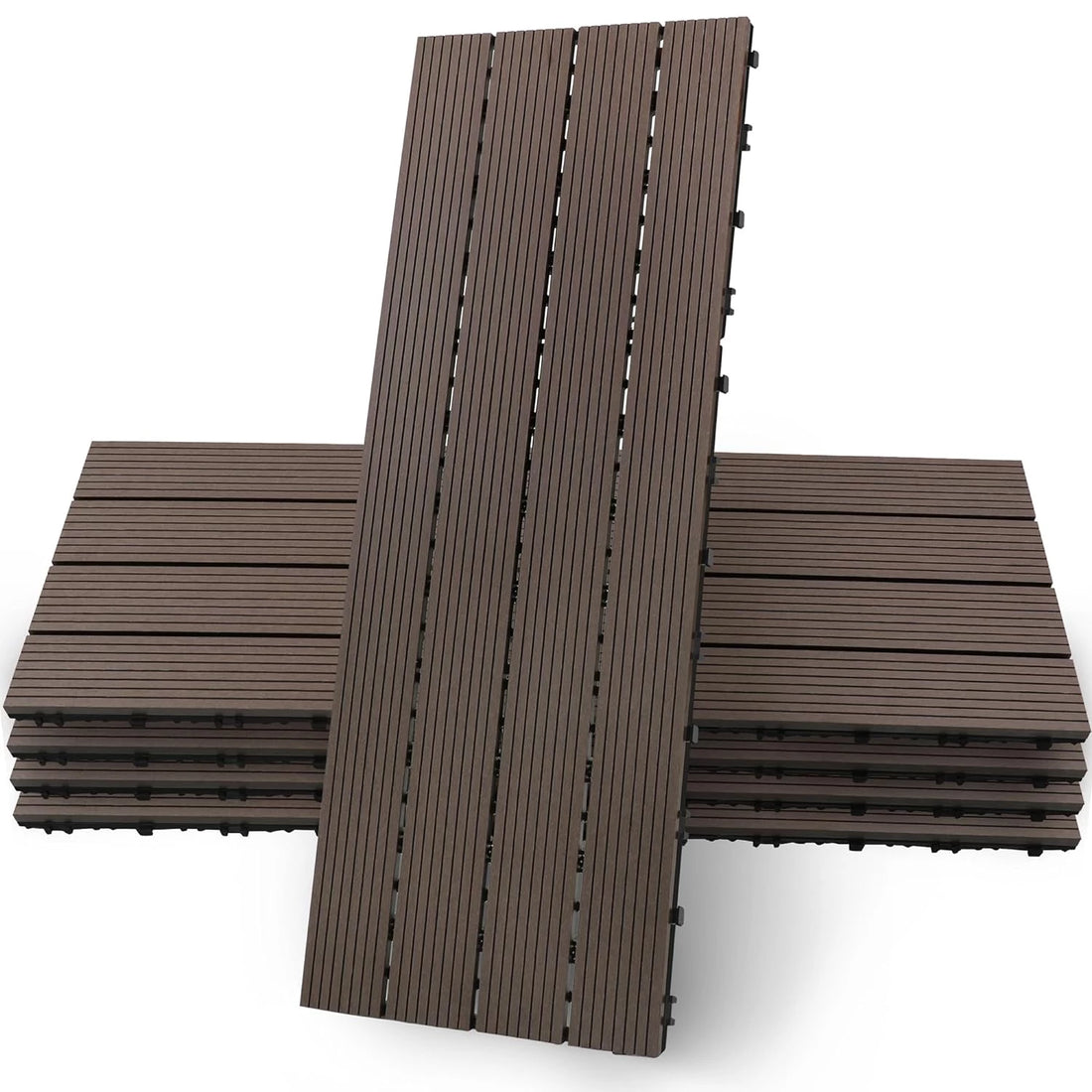 Wood Composite Interlocking Floor Deck Tiles Indoor Outdoor Use 12"x36" (5Pcs, 15 sq. Ft, Brown)