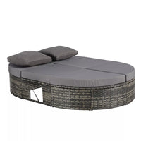 Outdoor Patio Round Daybed, Sun Bed with Adjustable Backrests and Foldable Cup Trays, Reclining Outdoor Lounger Wicker Rattan Patio Daybed with Cushions and Pillows for Backyard Poolside