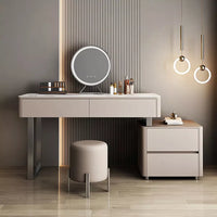 Premium Makeup Vanity Table with Sturdy Rock Board Top, Modular Storage Design, Movable Storage Cabinet & Stainless Steel Legs - Elegant Dressing Table with Microfiber Leather - Durable & Stylish Makeup Station for Organized Cosmetics and Accessories