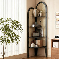 Retro Solid Wood & Rattan Multi-Tier Corner Bookshelf