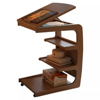 C-Shaped Side Table for Couch with Storage Bag, 4-Tier Small Side Table, Wooden Sofa Table for Living Room and Bedroom, Rustic Brown