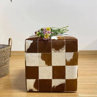 16" Cowhide Leather Cube Pouf Handmade Sofa Stool