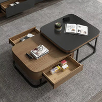 Nordic-Inspired Adjustable Square Coffee Table | Compact Size Coffee Table with Fire-Burnt Stone Glass Top & Dual Pull-Out Storage Drawers | Modern Minimalist Design for Small Spaces | Durable A3 Carbon Steel Frame