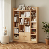 5-Tier Natural Wood Bookcase Shelf Bookshelf with Solid Wood Door in Wood Grain Bookshelves, With Cabinet