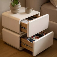 Rotating Solid Wood Nightstand - Cream Finish Bedside Cabinet with Drawers, White Storage Side Table for living Room and Bedroom