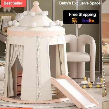 Kids-Teepee-Tent with Lights & slide & drawing board, Natural Cotton Canvas Toddler Tent - Foldable Teepee Tent for Kids Indoor Tent, Outdoor Play Tent
