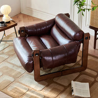 Single Leather Sofa Leisure Chair Solid Wood Design Home Balcony Recliner