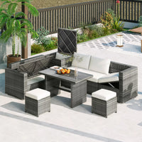 6-Piece Outdoor Sectional Furniture Set with Storage Box and Adjustable Seat, All Weather Rattan Sofa Set with Removable Covers and Tempered Glass Top Table for Garden Patio