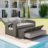 Wicker Rattan Double Chaise Lounge, 2-Person Reclining Daybed with Adjustable Back and Cushions, Free Furniture Protection Cove